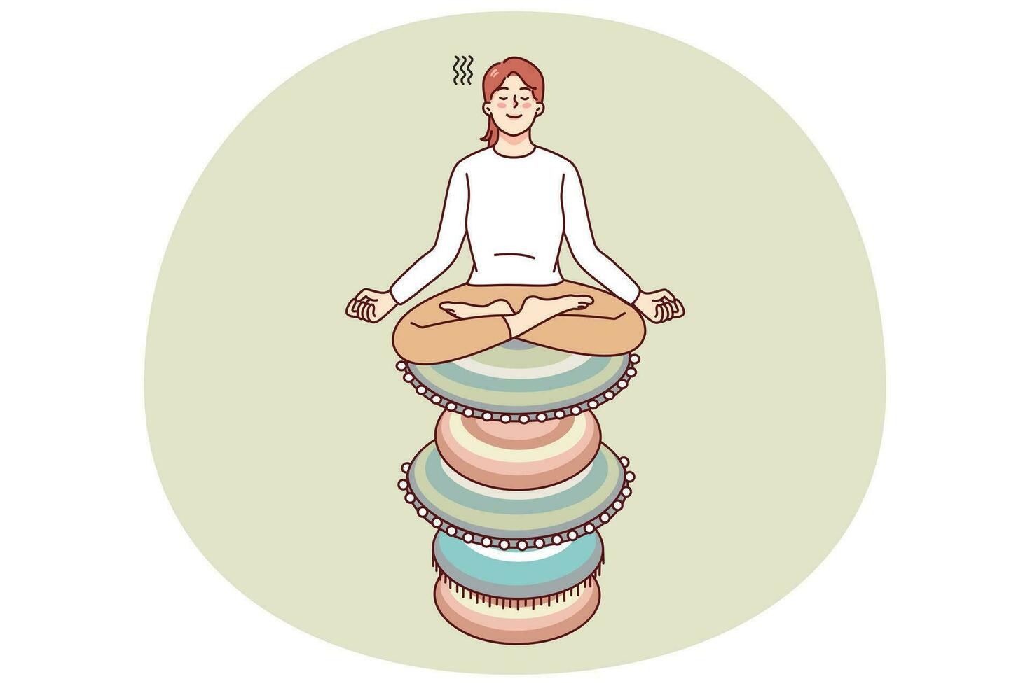 Calm woman sitting on stack of zen rocks meditating. Peaceful female practice yoga involved in meditation session. Healthcare and peace. Vector illustration.