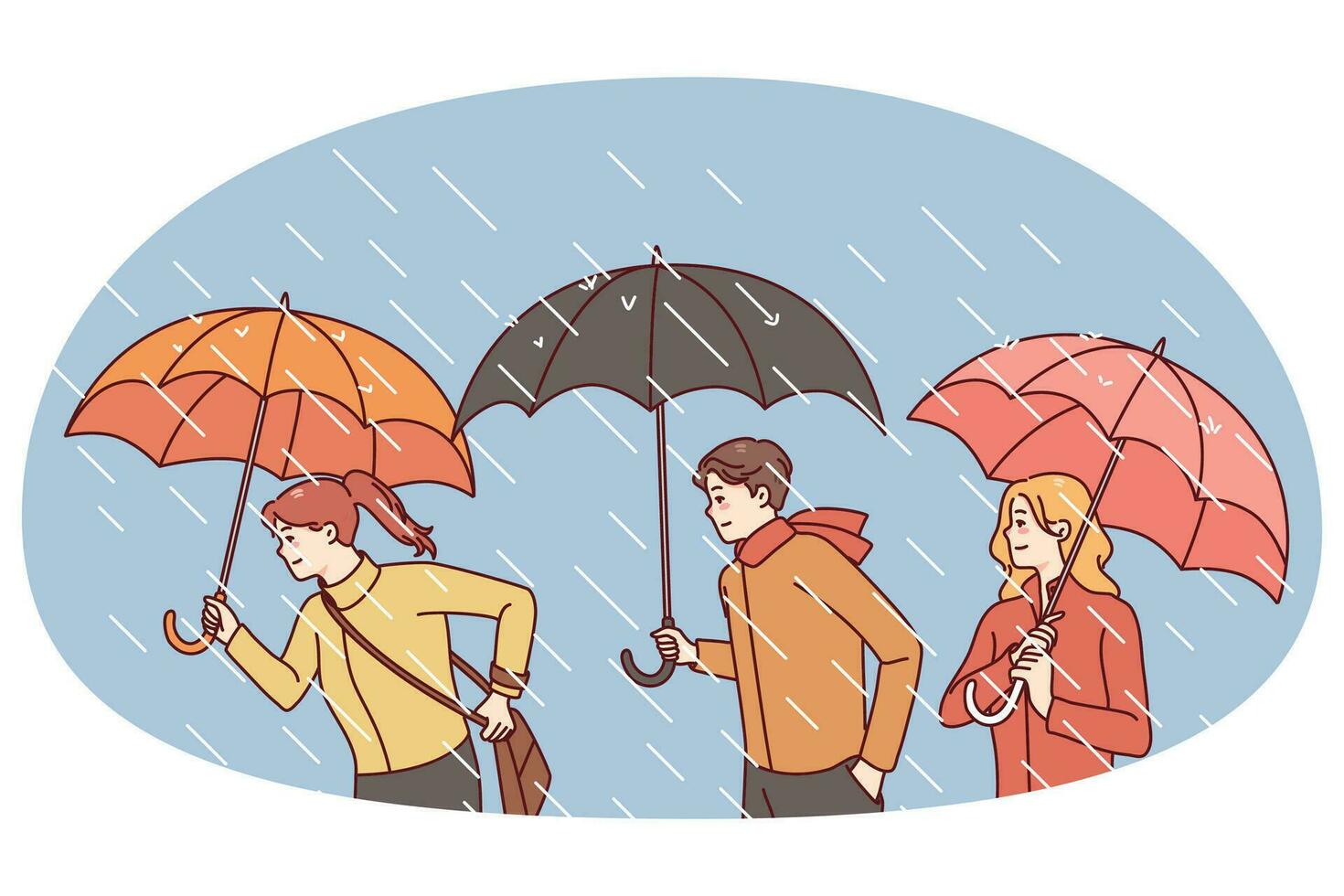 People with umbrellas under rain vector