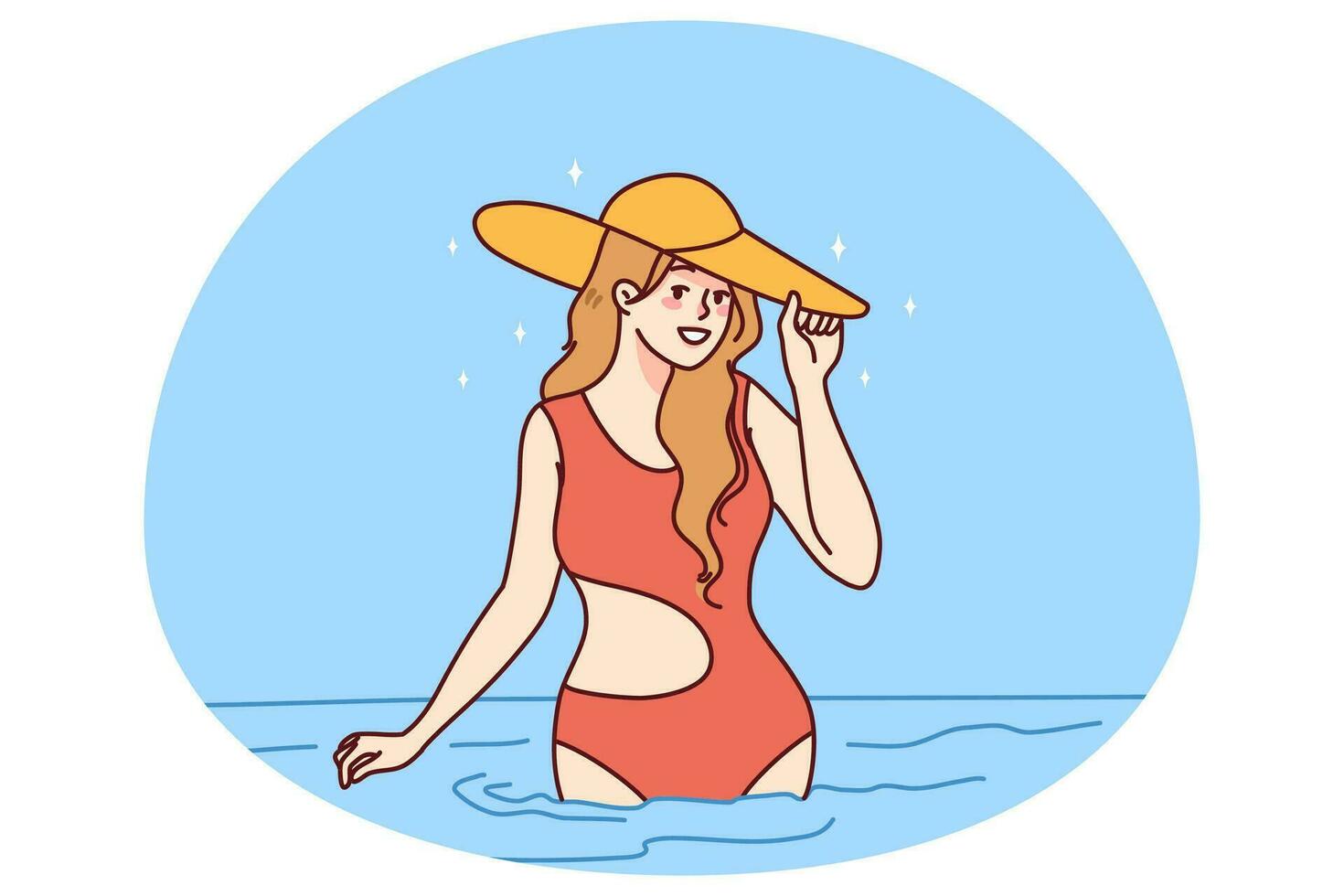 sonriente mujer en traje de baño en mar vector