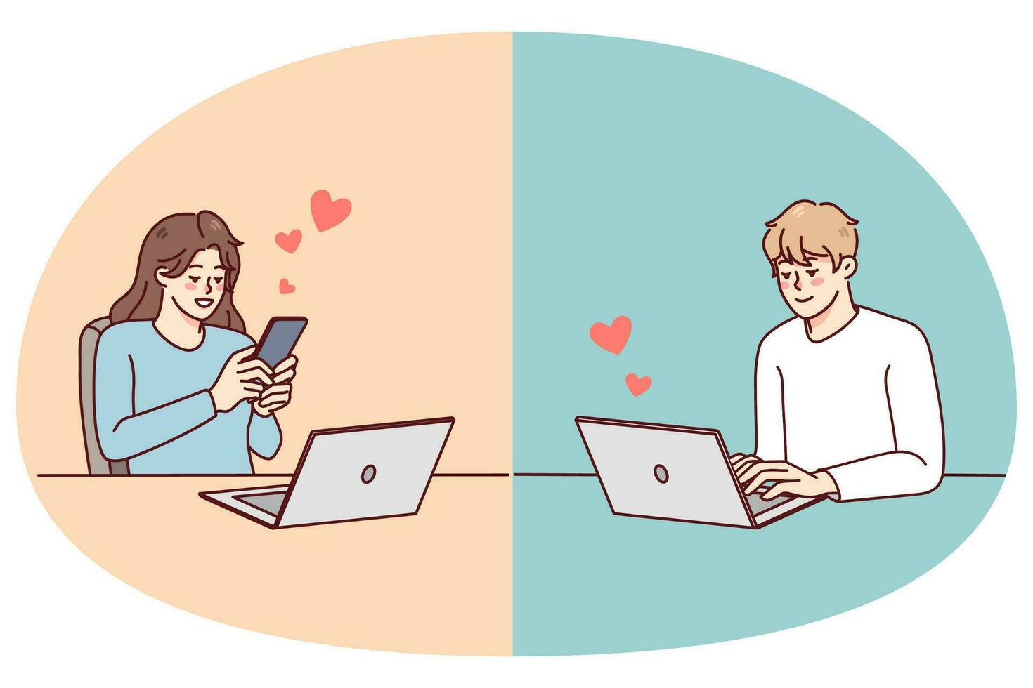 Couple texting online on gadget having relationship on distance. Man and woman message communicate on devices. Love and online dating concept. Vector illustration.