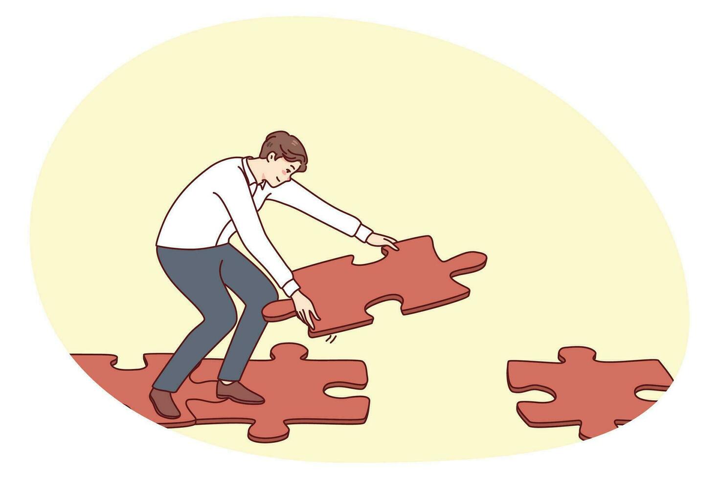 Man connecting jigsaw puzzle making way vector