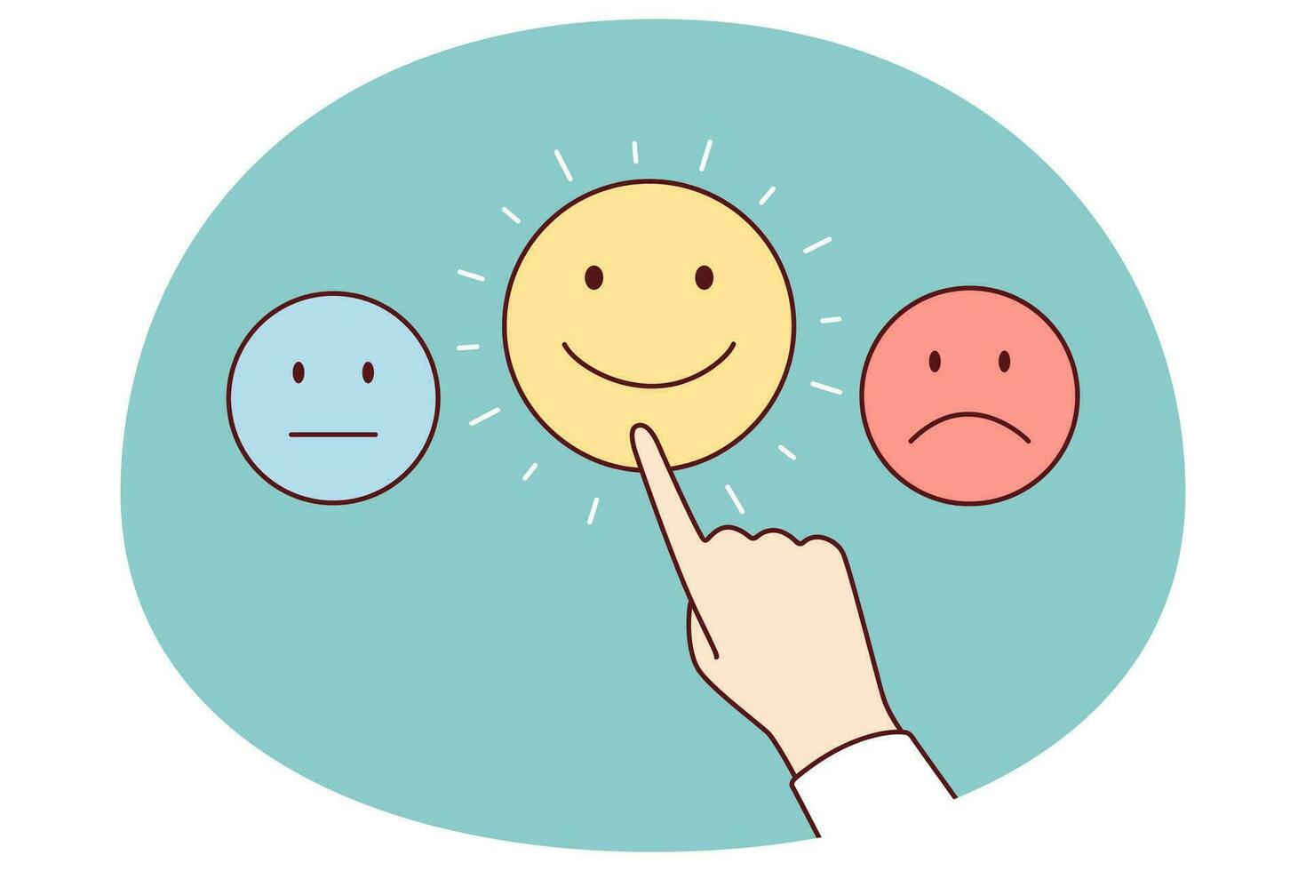 Human hand push icons with different emotions. Person choose mood or satisfaction level. Happy or sad. Vector illustration.