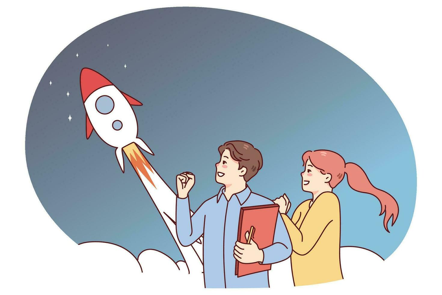 People excited about rocket flying in sky. Businesspeople celebrate shared business startup launch. Innovation and project start. Vector illustration.