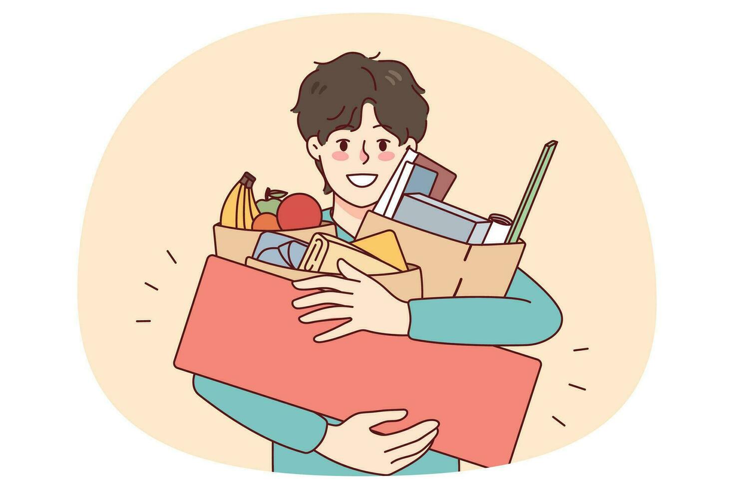 Happy man holding bags with products bought on sale or promotion. Smiling male shopaholic excited with discount offers on black Friday. Shopping concept. Vector illustration.