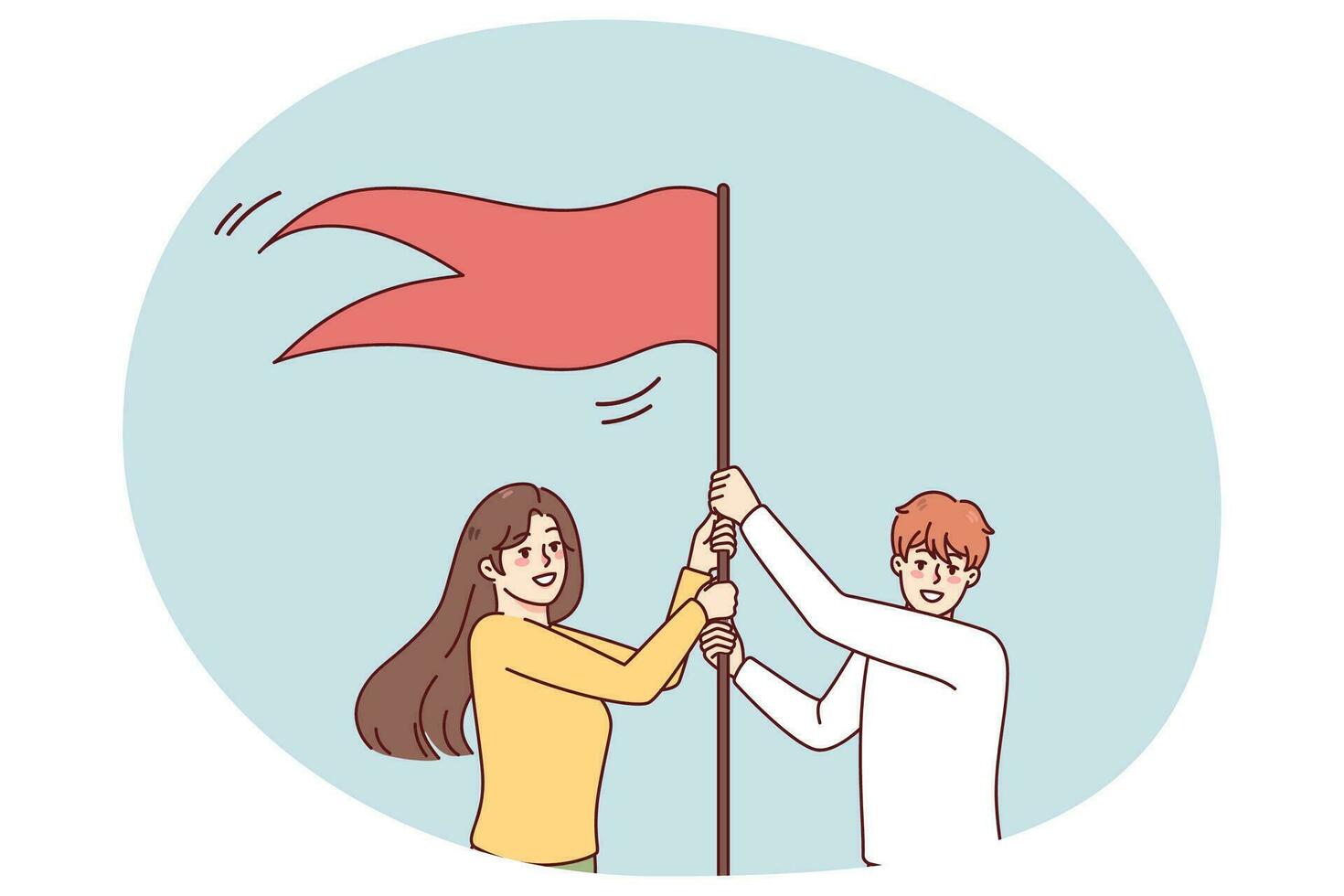 Smiling employees put flag as symbol of shared goal achievement and success. Happy man and woman reach business target or aim. Accomplishment concept. Vector illustration.