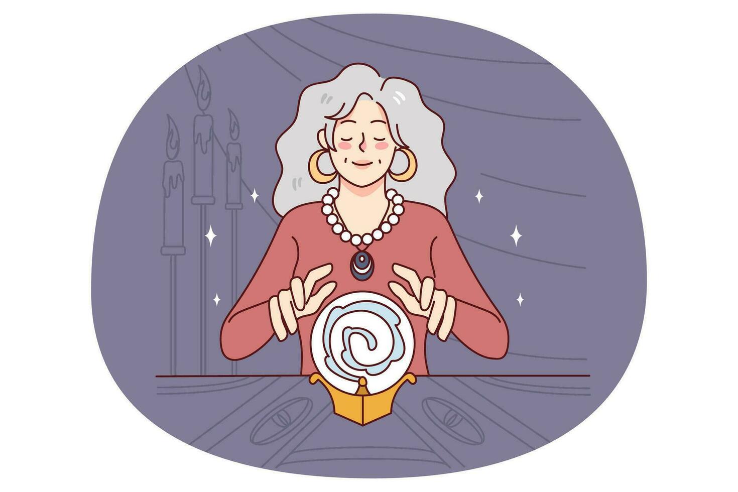 Female witch with magical crystal ball predicting future. Woman fortune teller reading destiny in dark room. Magic and superstition. Vector illustration.