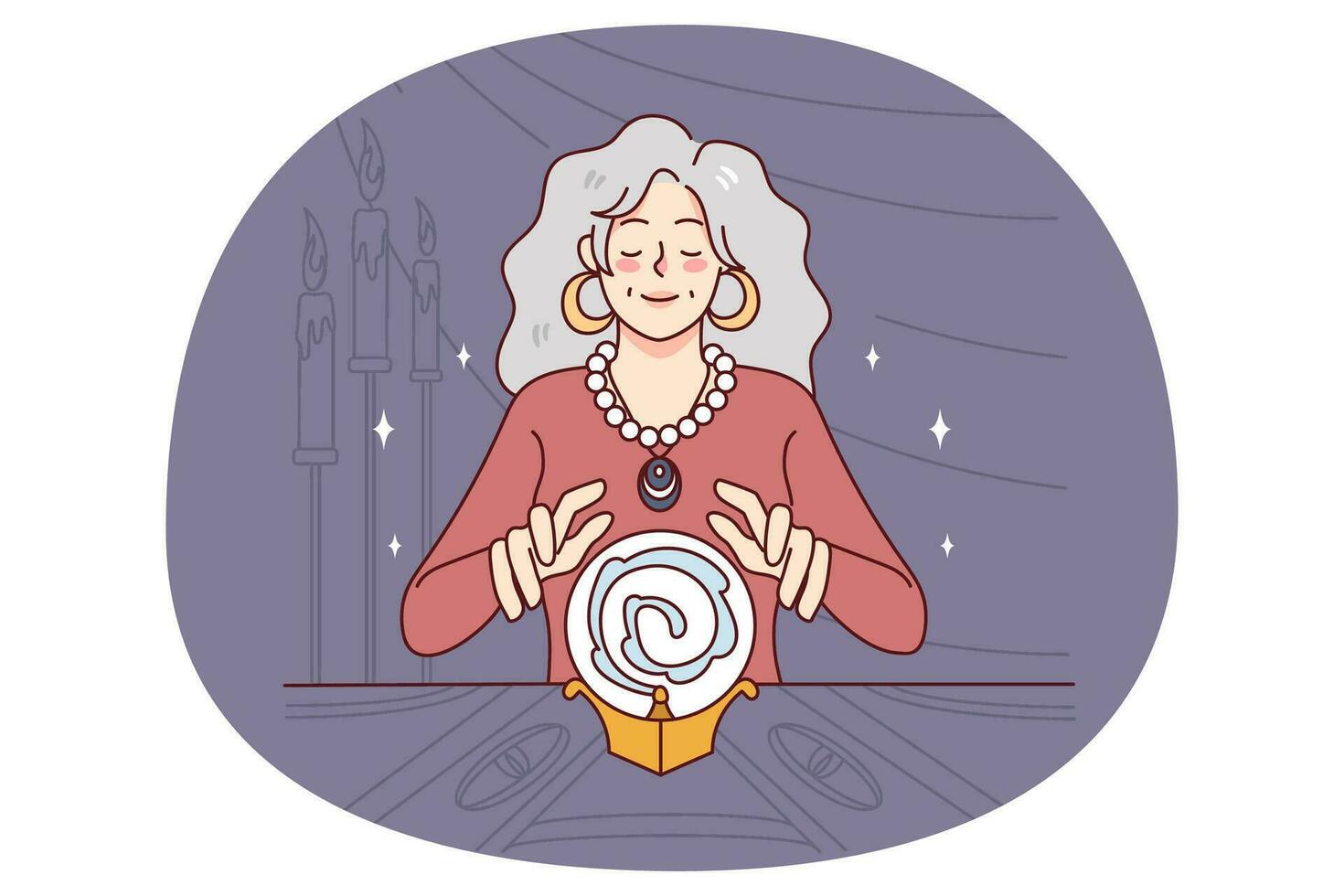 Female witch with magical crystal ball predicting future. Woman fortune teller reading destiny in dark room. Magic and superstition. Vector illustration.