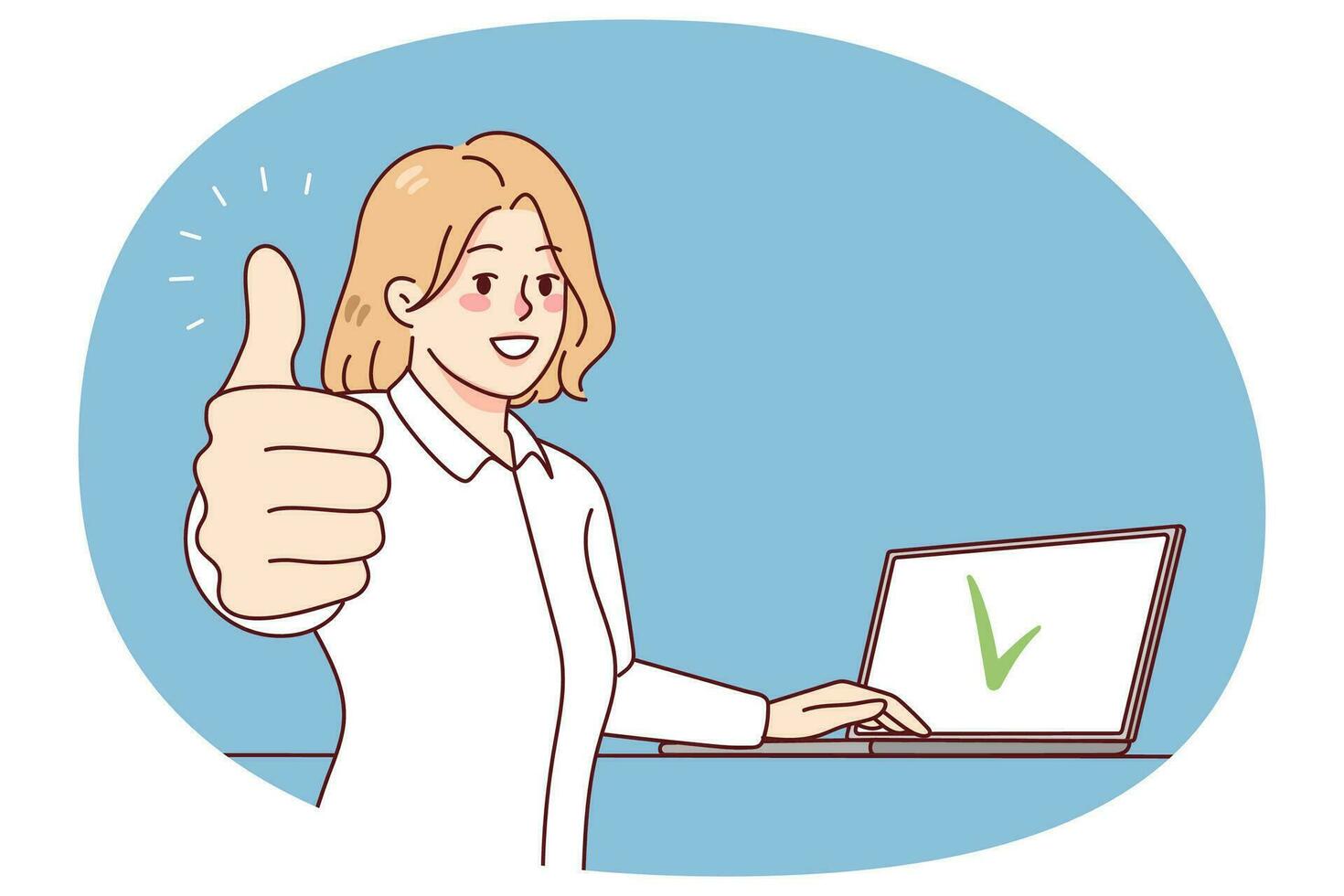 Smiling woman working on computer show thumb recommending online services. Happy female client give recommendation to laptop app. Customer feedback. Vector illustration.