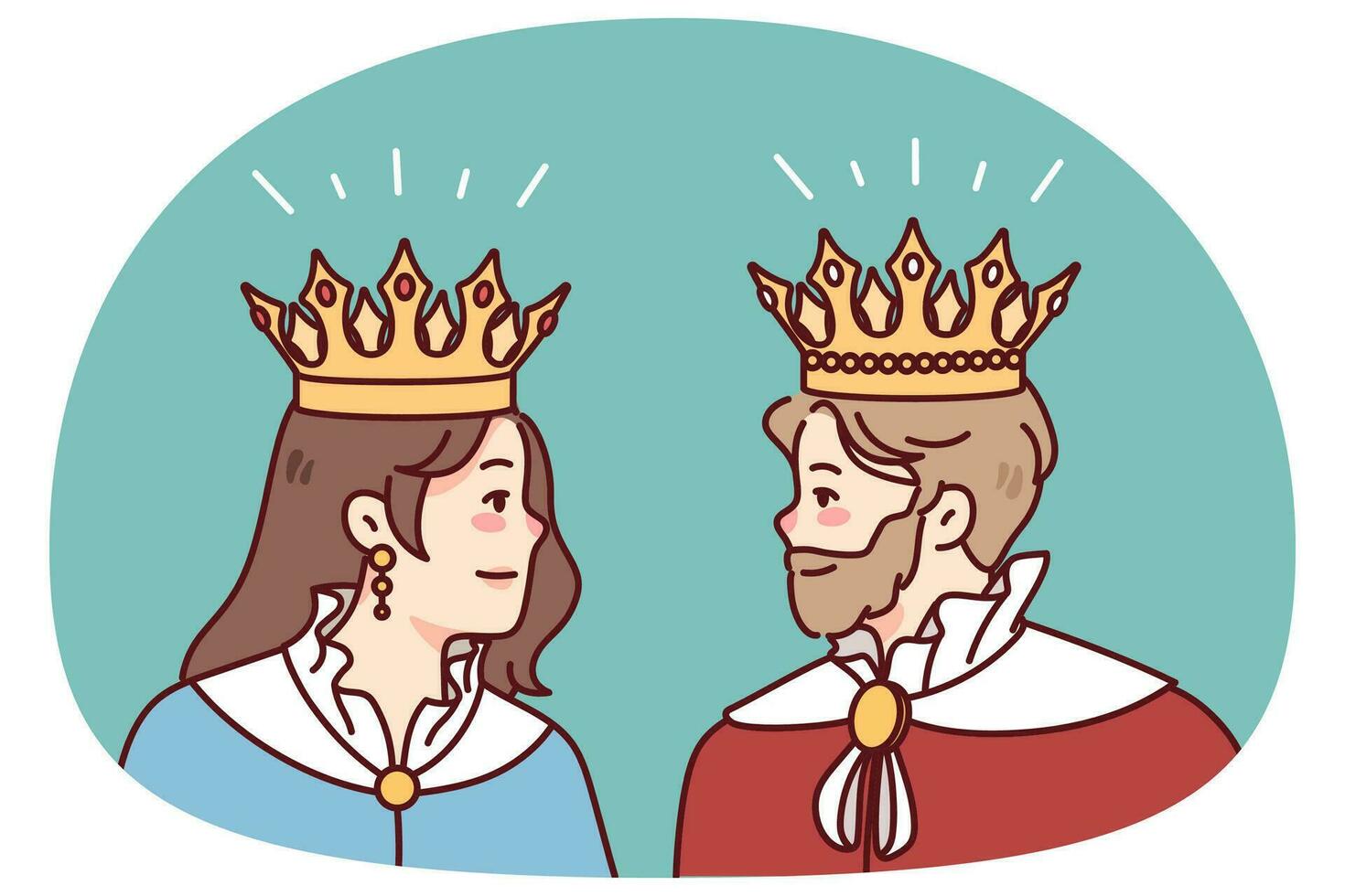 Rey y reina en mantos y coronas Mira a cada otro. miembros de real familia en túnicas realeza y monarquía. vector ilustración.