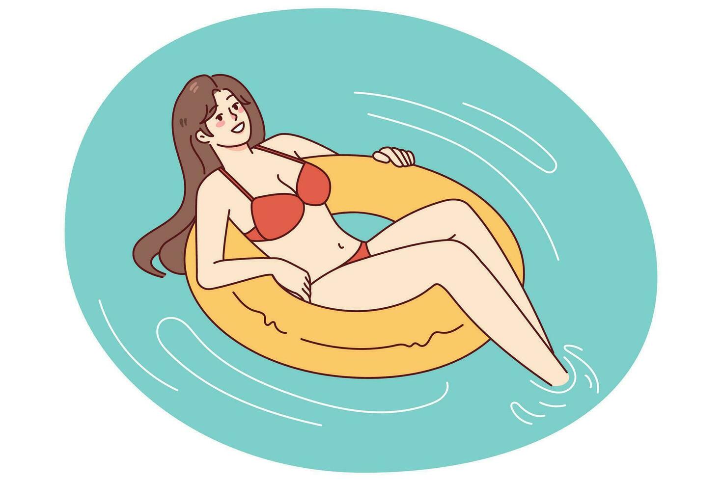 Happy woman in bikini on inflatable ring swimming in sea on summer vacation. Smiling girl enjoy holidays. Relaxation and recreation. Vector illustration.