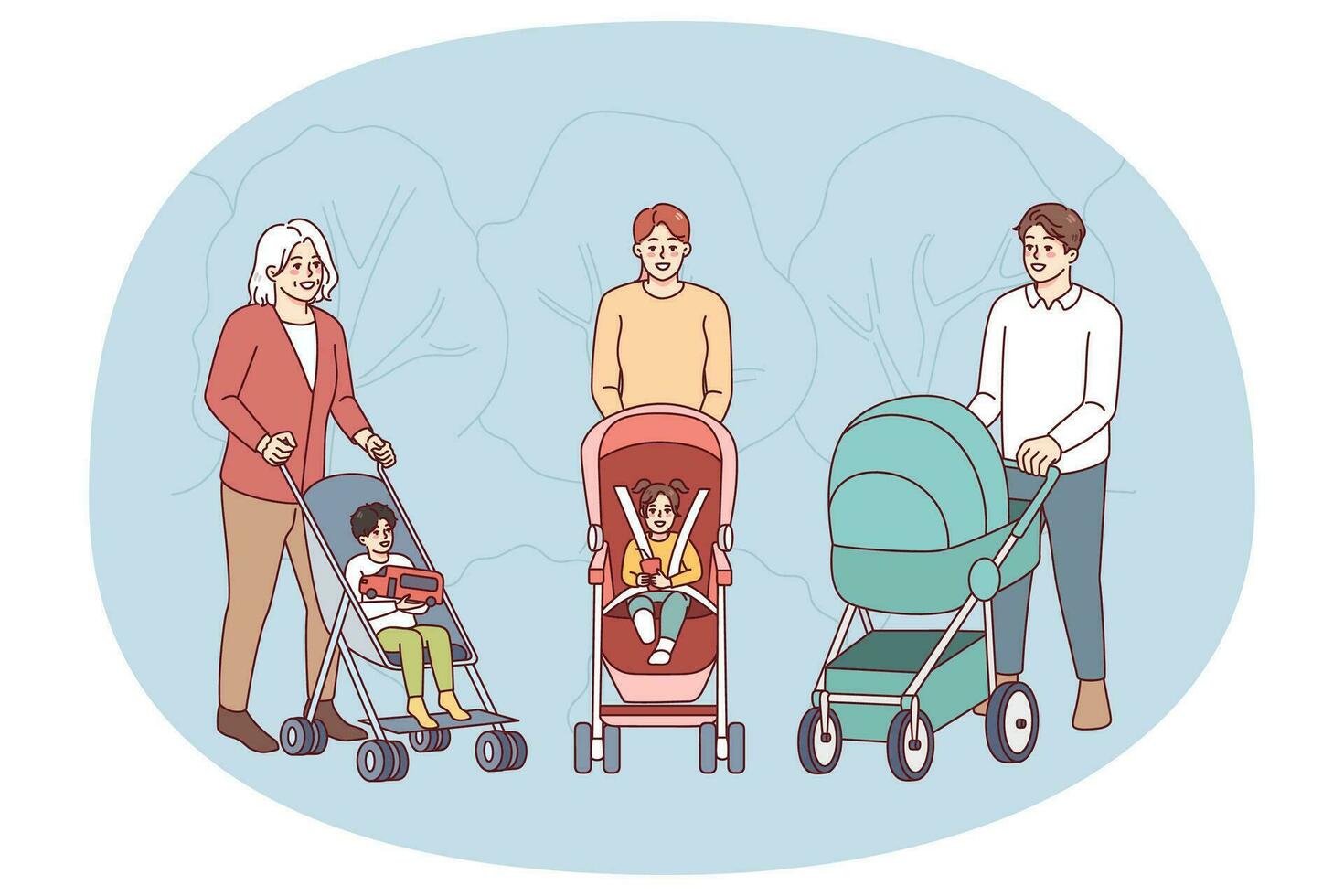 Parents with children in strollers walking in park. Happy mothers and fathers enjoy walk with small kids outside. Parenthood concept. Vector illustration.