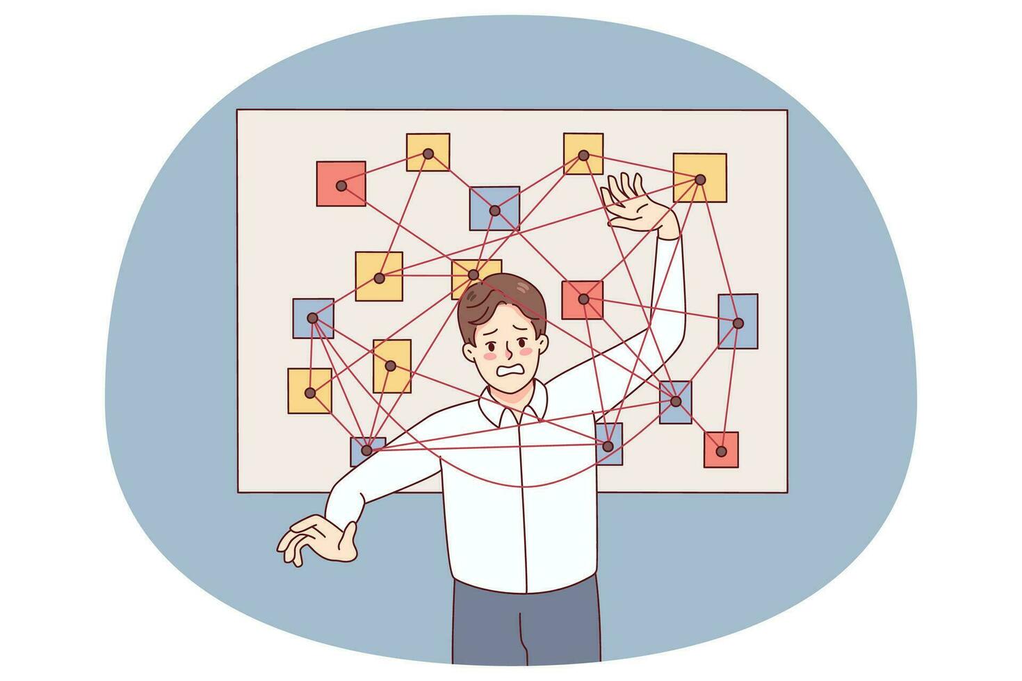 Unhappy man feel stressed with overwhelming work tasks and issues. Confused male employee frustrated with schedule and plans. Time management concept. Vector illustration.