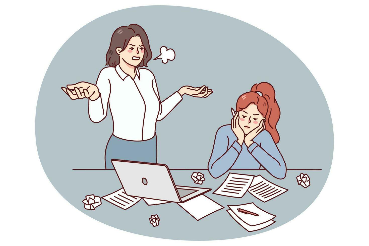 Furious boss stressed with employee unproductive work in office. Angry businesswoman unhappy with lazy worker at workplace. Vector illustration.