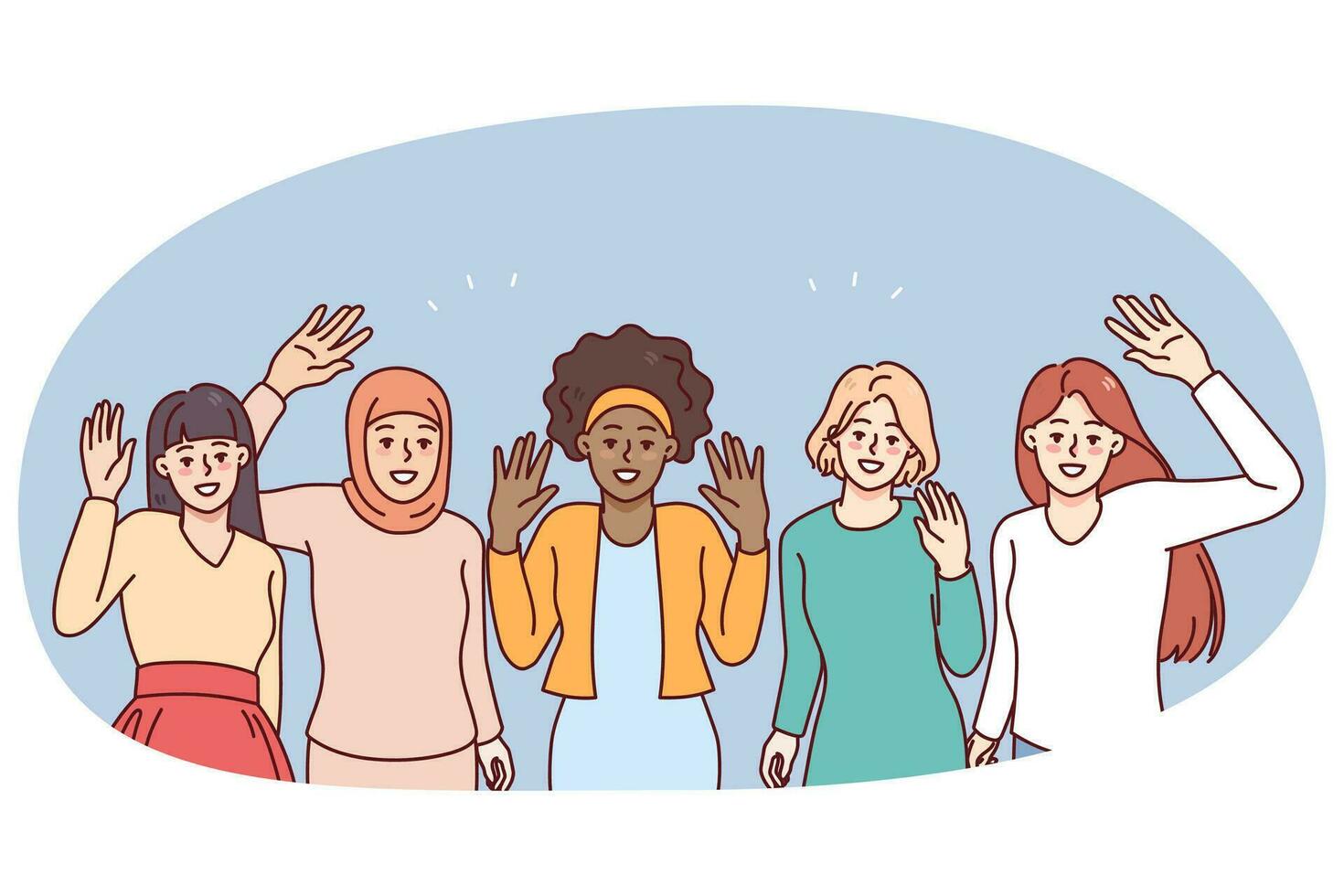 Happy diverse women waving hands showing international friendship and unity. Smiling multiethnic girlfriends group. Diversity concept. Vector illustration.