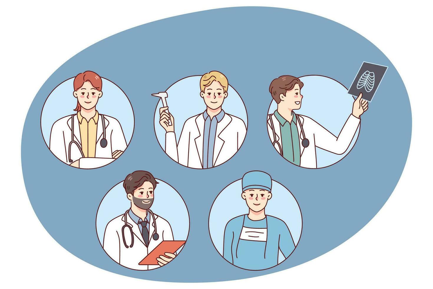 Profile pictures of medical staff in white uniforms. Avatars of doctors and nurses working in hospital. Medicine and healthcare. Vector illustration.