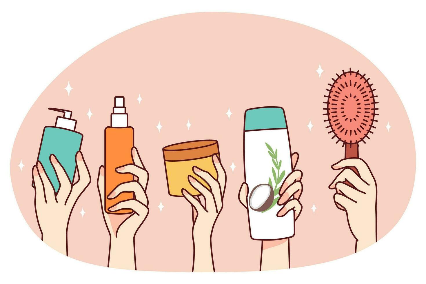 Hands holding diverse cosmetic bottle vector