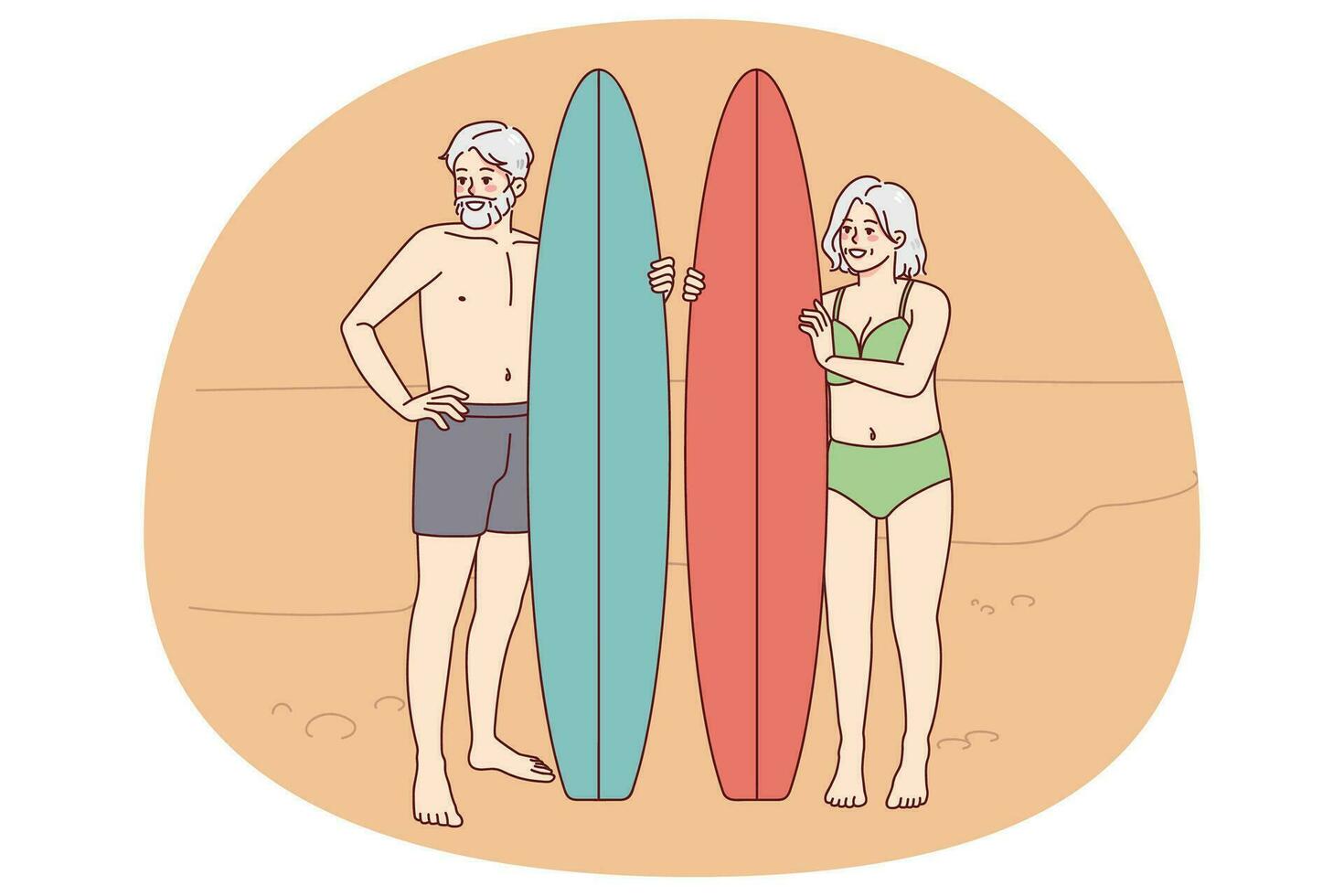 Happy older people with surfboards standing on beach. Energetic active elderly man and woman enjoy surfing. Good maturity. Vector illustration.