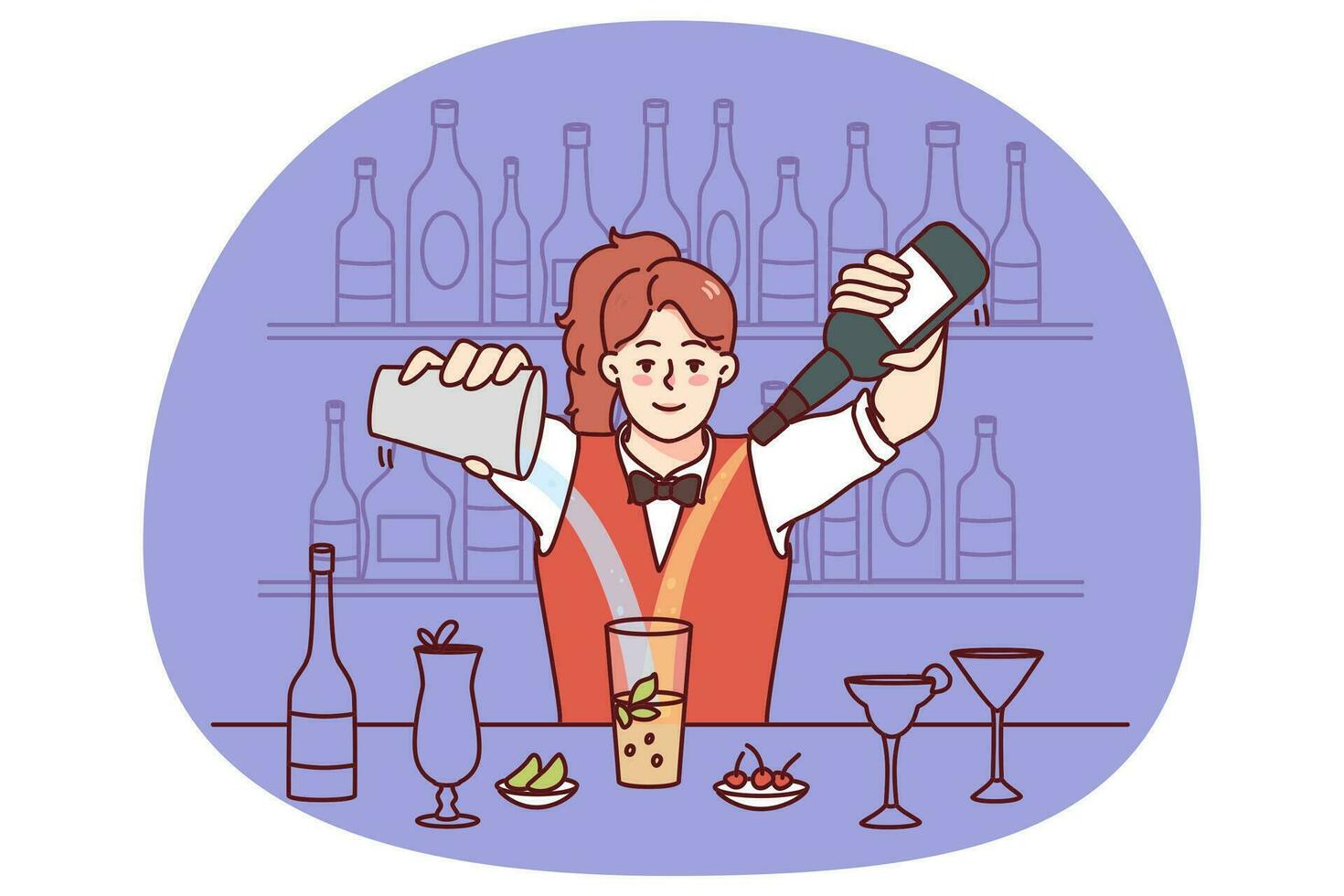 Woman barmen making cocktails at bar vector