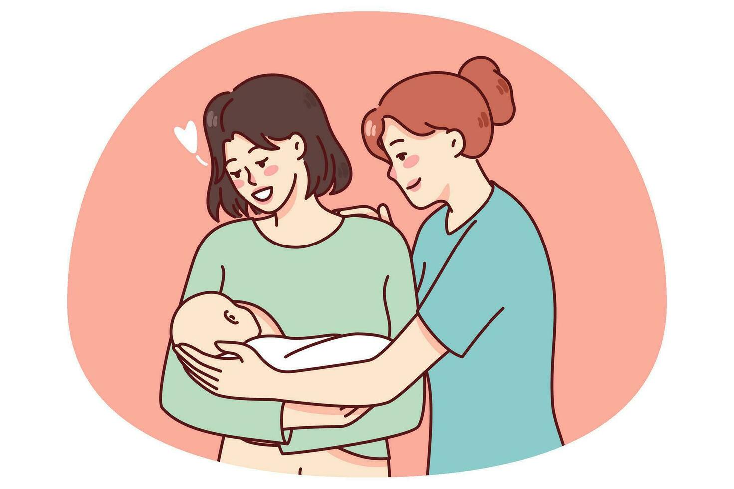 contento enfermero y joven madre participación recién nacido bebé en manos. sonriente mamá reunión niño infantil tener comodidad desde doctor. maternidad concepto. plano vector ilustración.