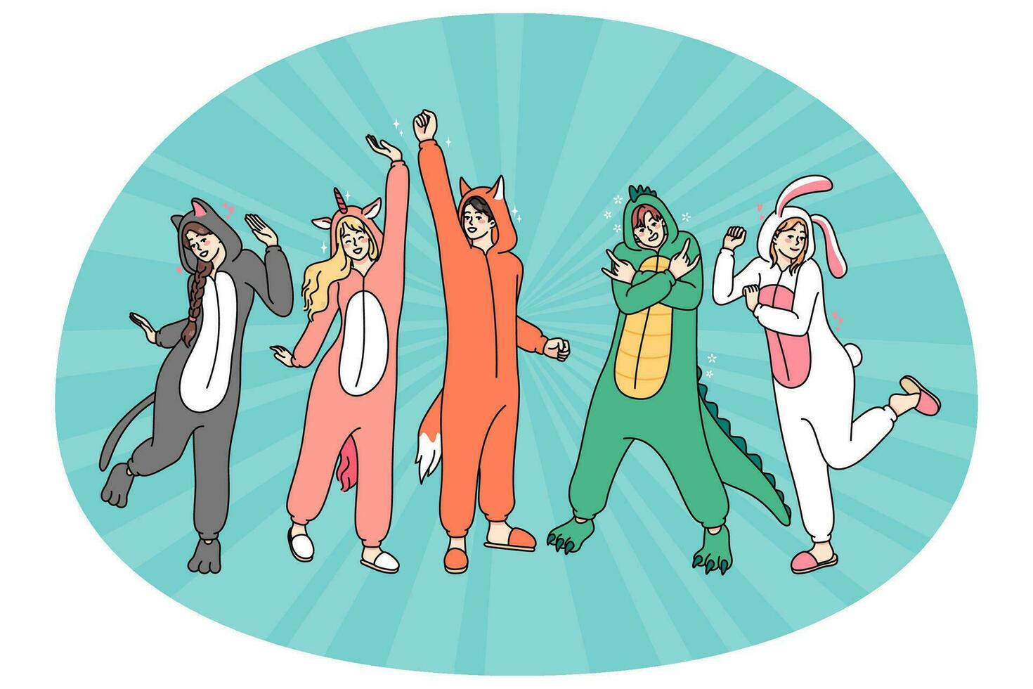 Happy people in funny animal costumes dancing and having fun. Friendship and partying. Flat vector illustration.