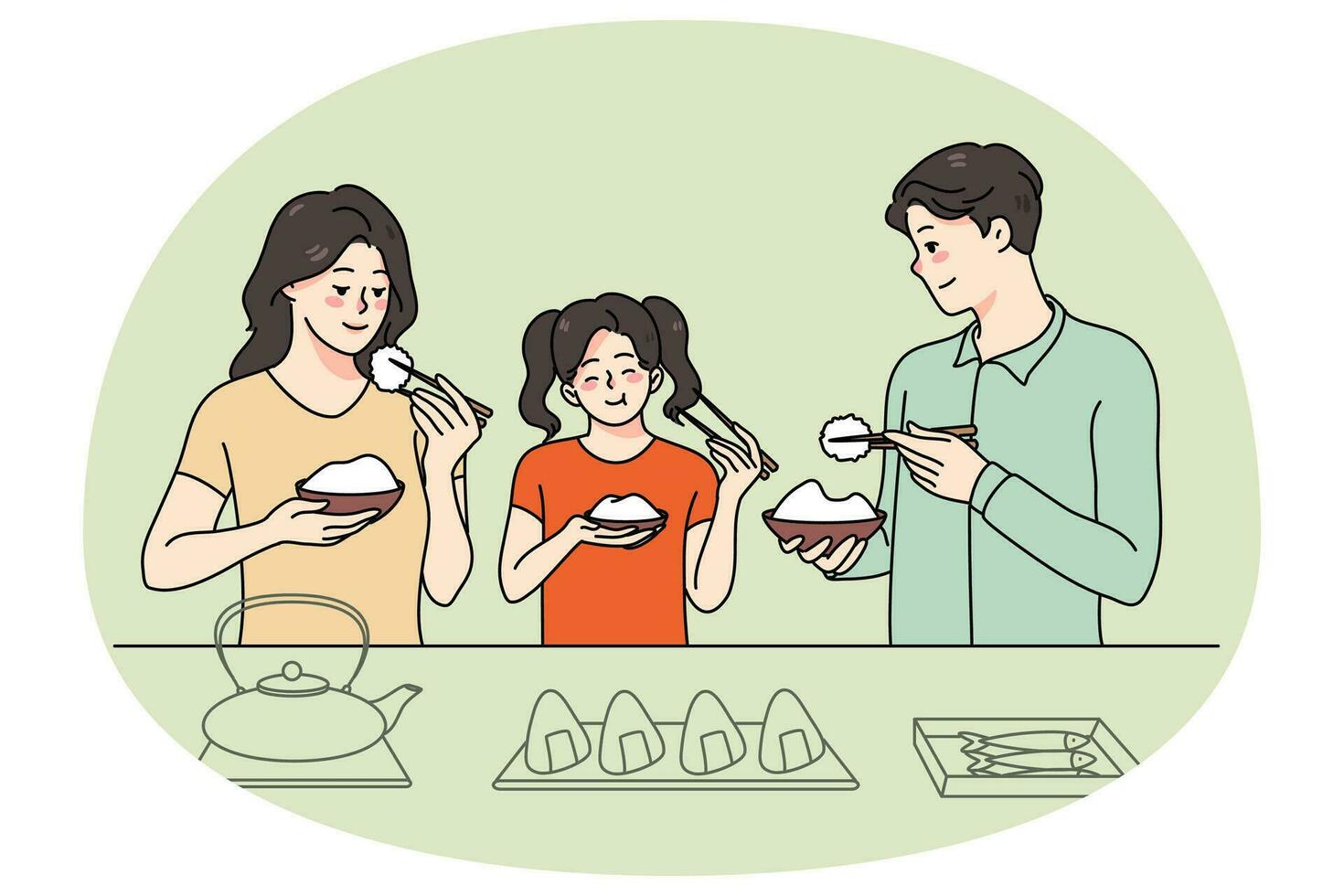 familia con niño disfrutar asiático comida vector