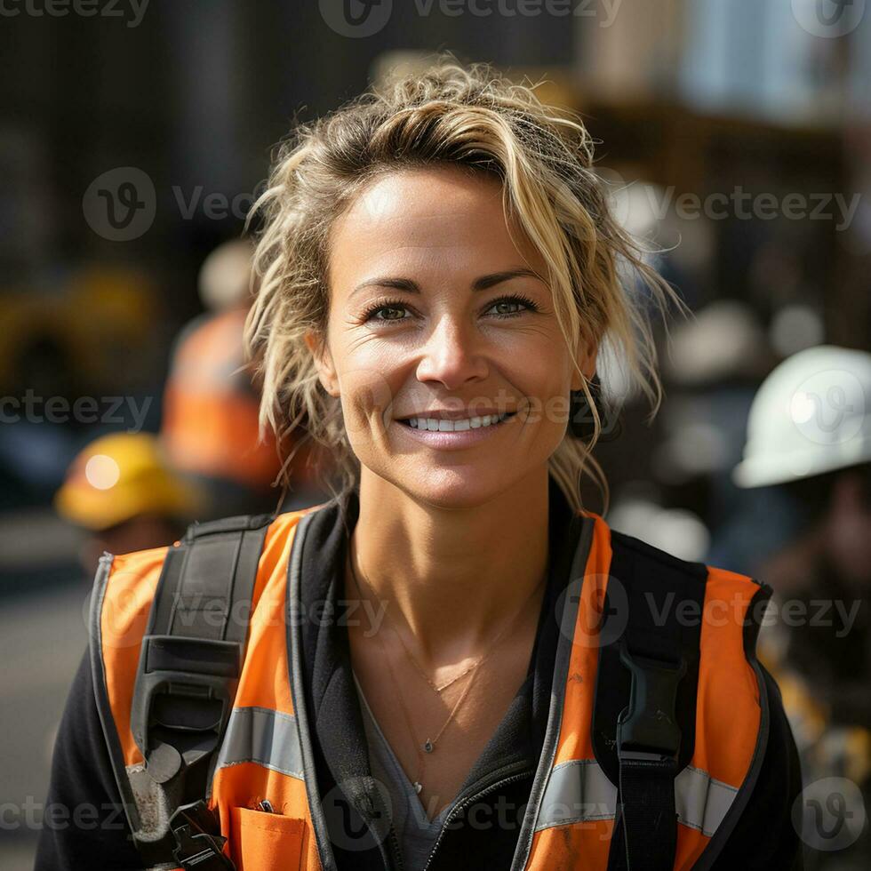 Young beautiful woman builder wearing hardhat at street,  AI generation photo