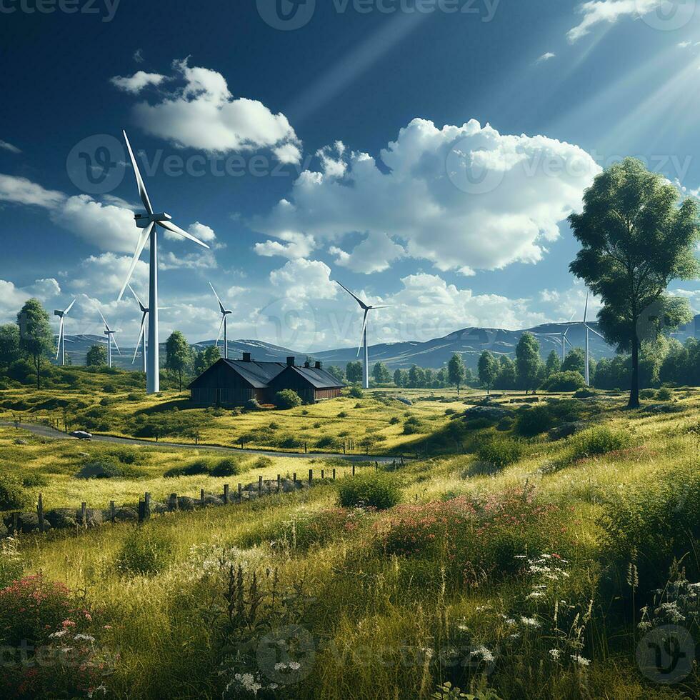 A wind farm situated on the hills. Eco power. Wind turbines generating electricity,  AI generation photo