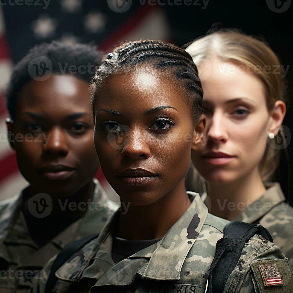 Women soldiers. Young Female Soldiers In Military Uniform,  AI generation photo