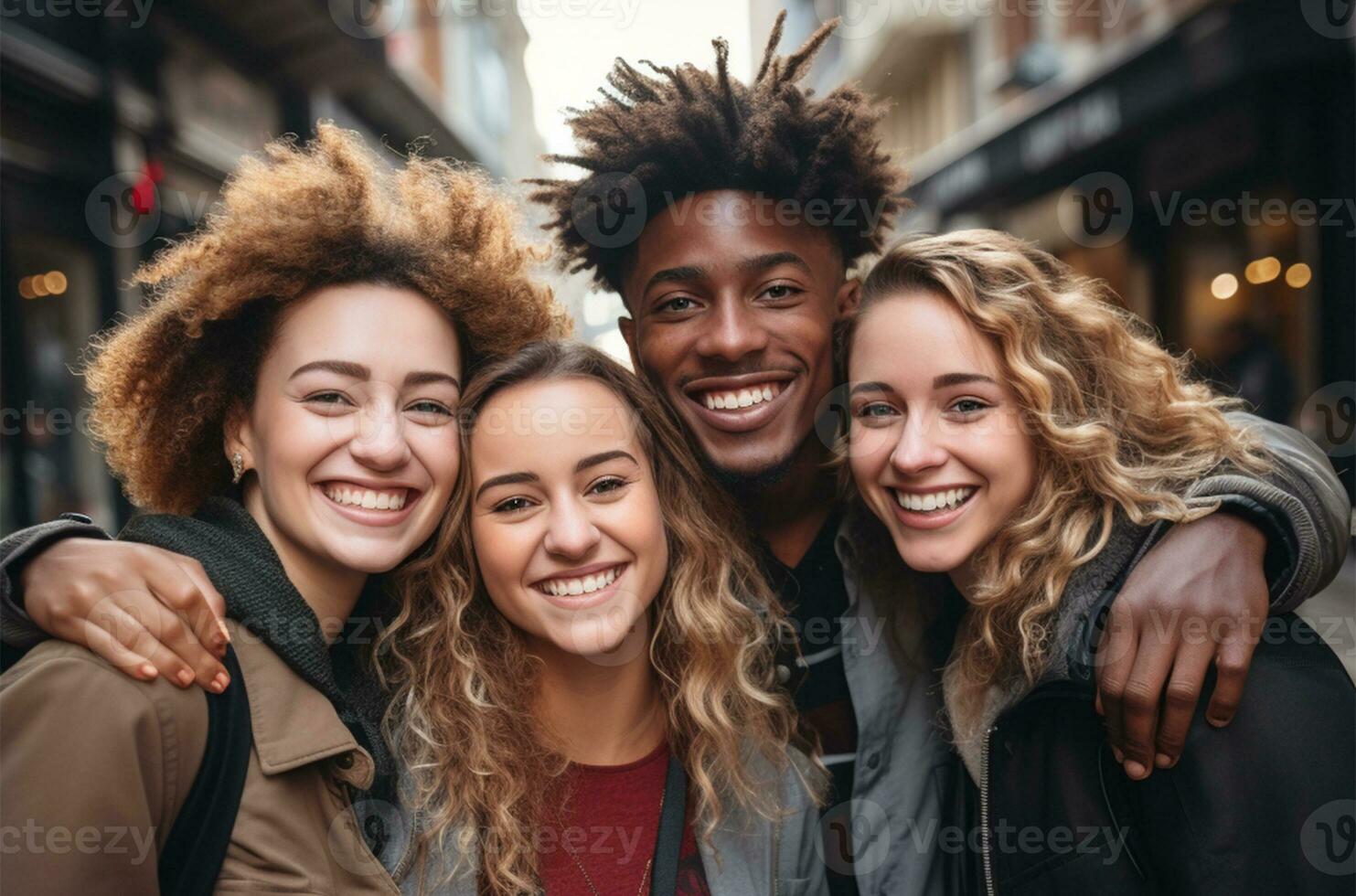 Portrait of a group of smiling multiracial people.  AI generation photo