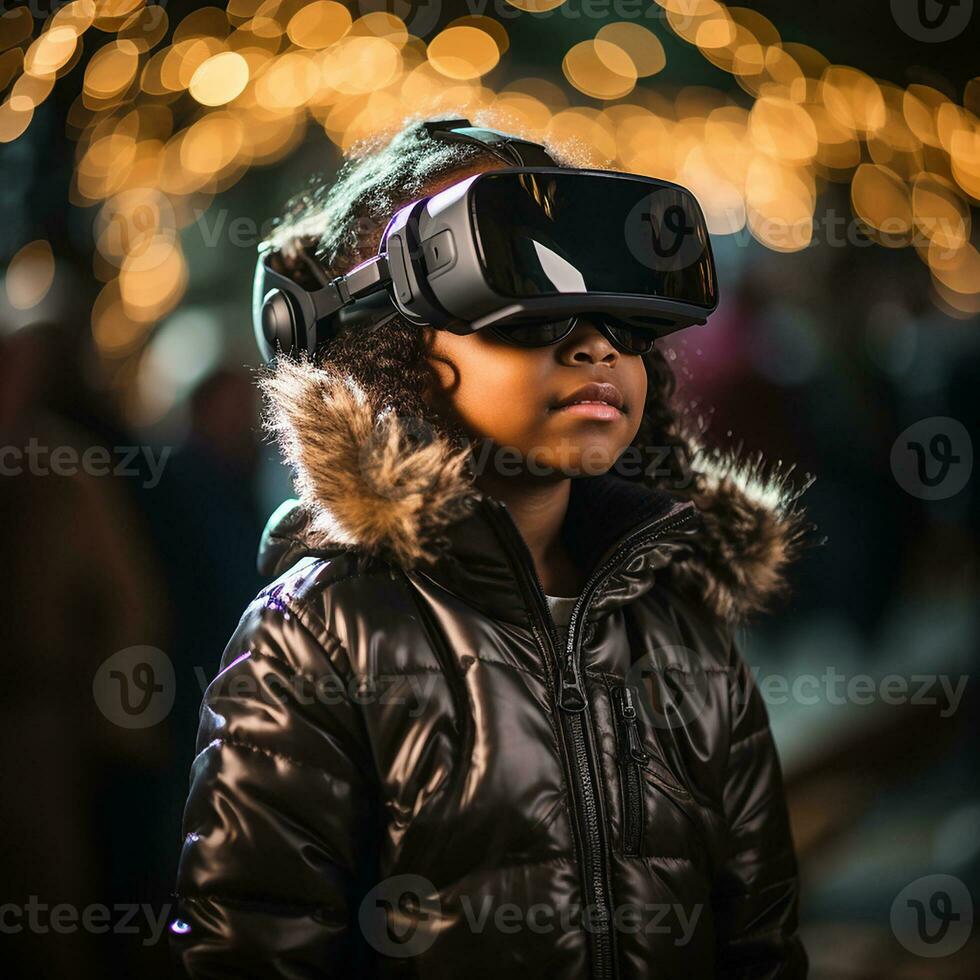 Young boy kid child play virtual reality game in vr glasses and explore alternative reality,  AI generation photo