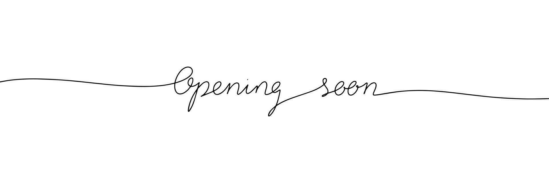 Opening soon phrase in one line continuous vector illustration. Monoline text line art handwriting calligraphy, lettering.