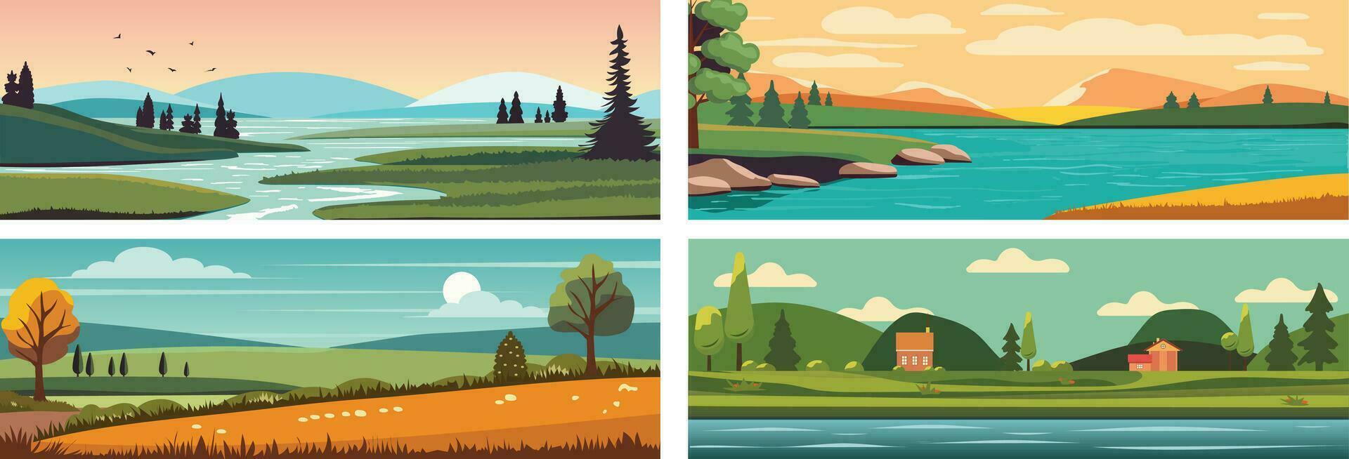 Set of empty landscapes and sceneries with mountain tops, hills, field, lake, sea. Collection of scenic nature views in spring, summer and autumn. Colored flat vector illustration