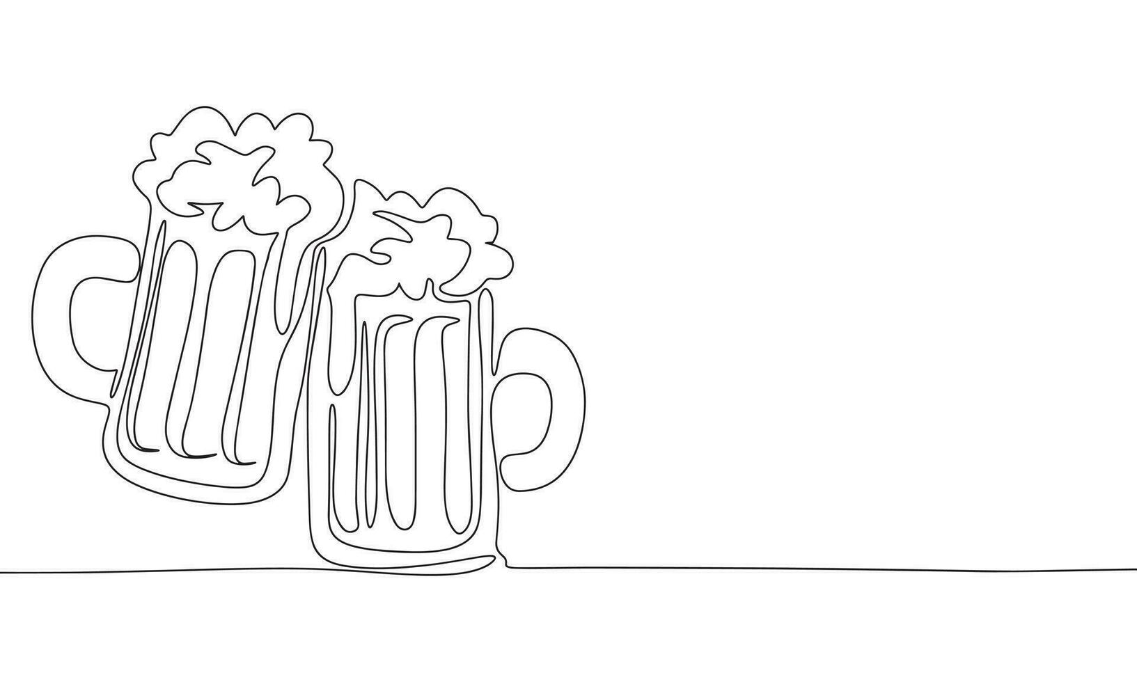 Two beers, cheers concept. October Fest banner, silhouette vector. One line continuous vector line art outline illustration. Isolated on white background.