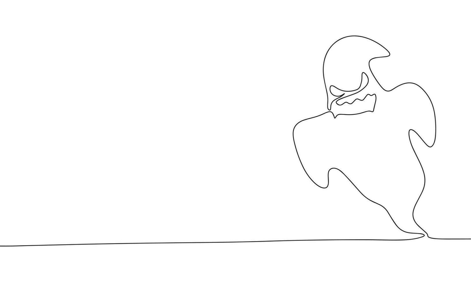Scary ghost, one line continuous. Halloween concept banner. Line art outline vector illustration isolated on white background.