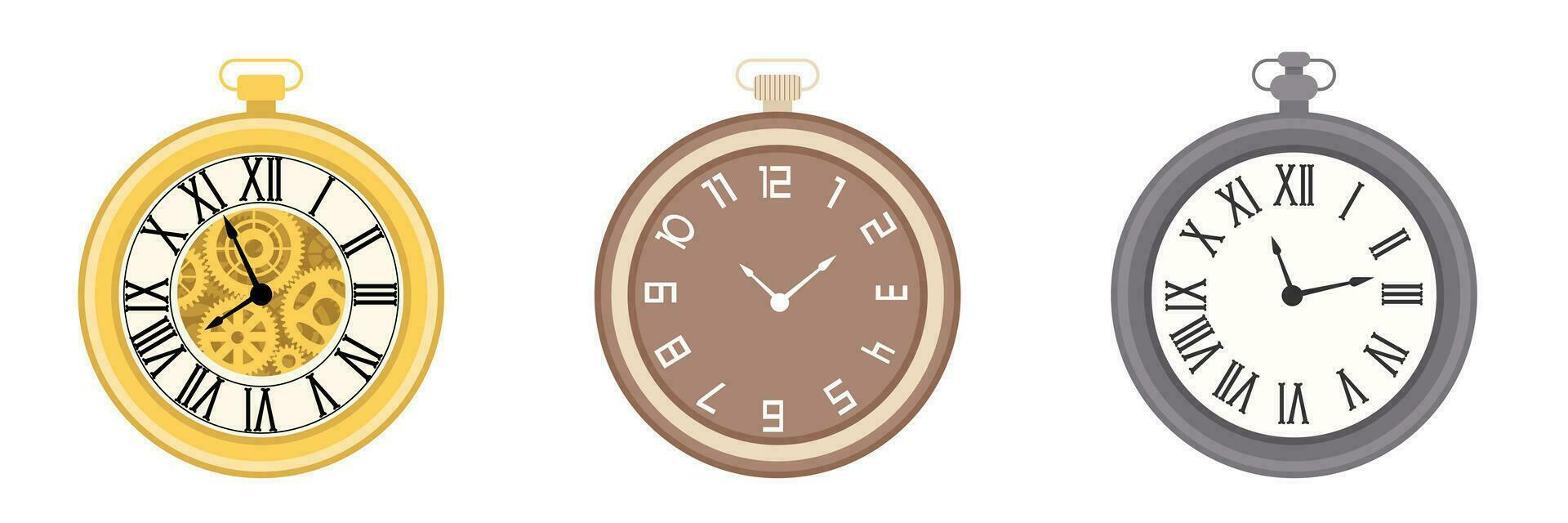 Set of vintage watches. Collection of pocket watches. Illustration isolated on white. vector