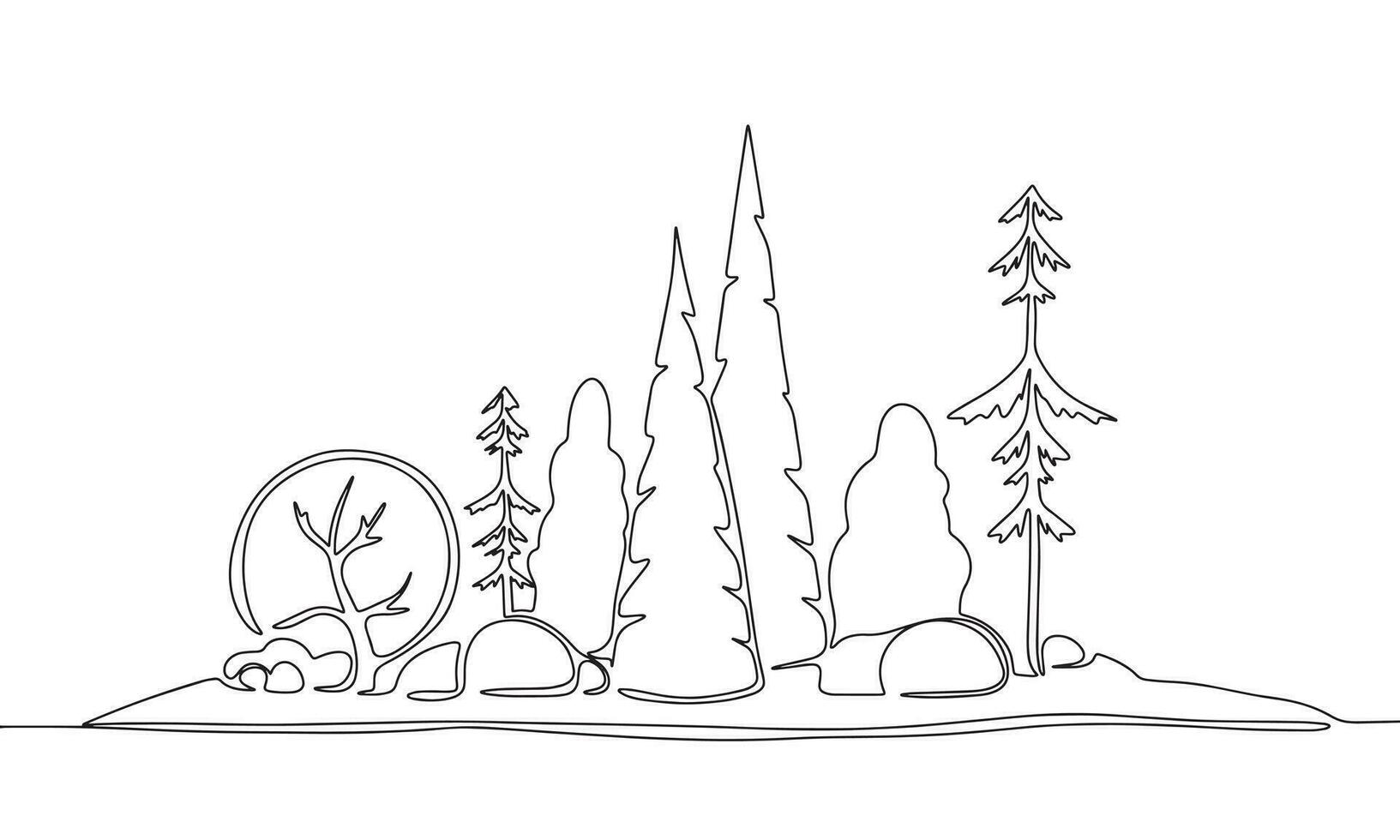 Many tree on little island, one line continuous. Forest concept banner. Line art outline vector illustration isolated on white background.