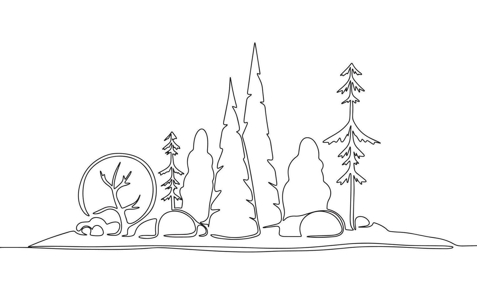 muchos árbol en pequeño isla, uno línea continuo. bosque concepto bandera. línea Arte contorno vector ilustración aislado en blanco antecedentes.