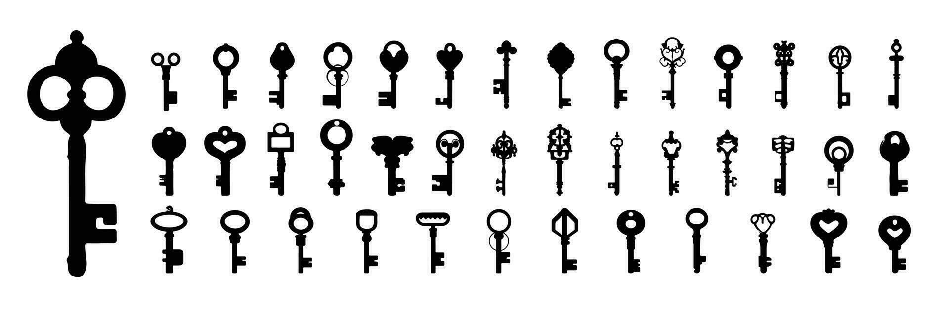 Key set. Silhouette of retro vintage keys. Vector illustration isolated on white background. Big collection of keys