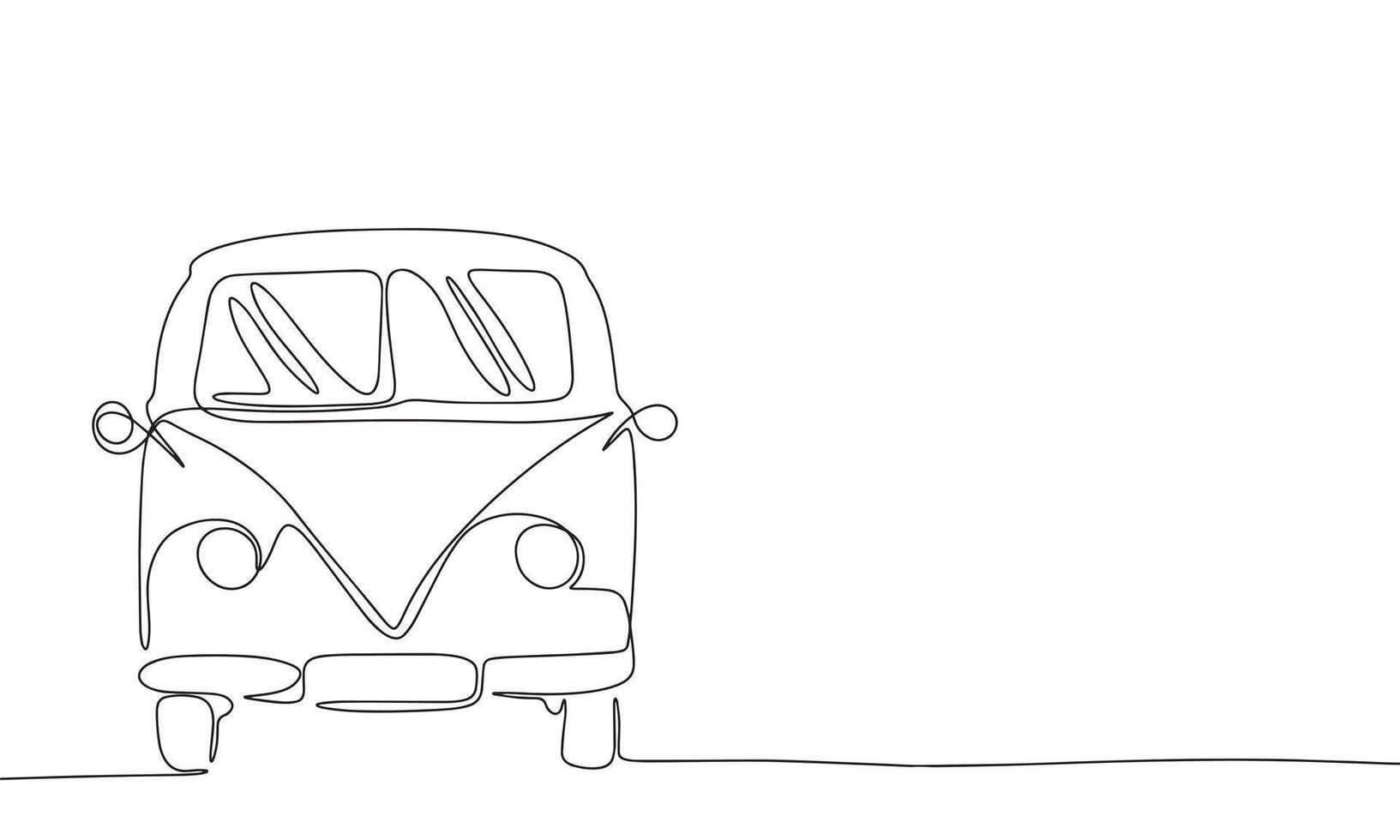 Summer surfing van one line continuous. Van concept banner. Line art outline vector illustration isolated on white background.