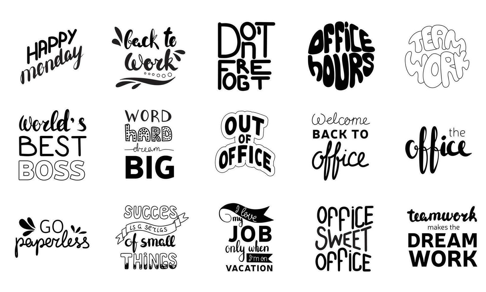 Big set with motivational office stickers. Hand drawn phrases and quotes about office, team, motivation, work and job. Perfect for social media, web, typographic design etc. Vector illustration.