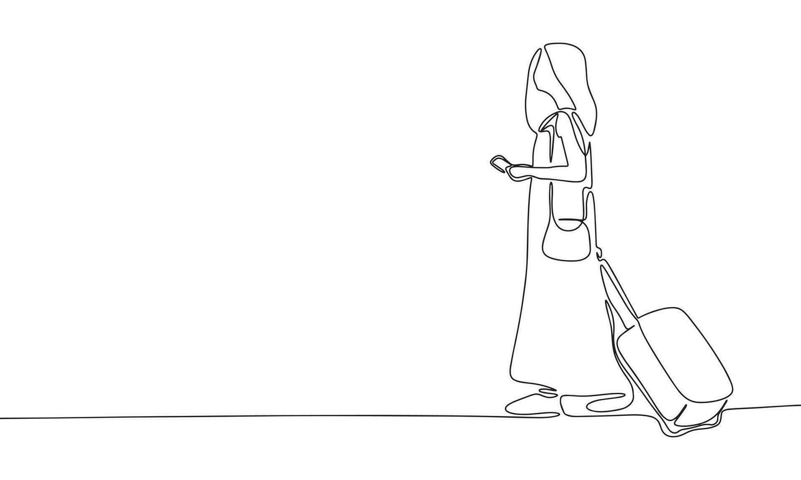 Travel minimal banner. One line continuous with woman with suitcase vector illustration. Outline, line art silhouette, monoline.