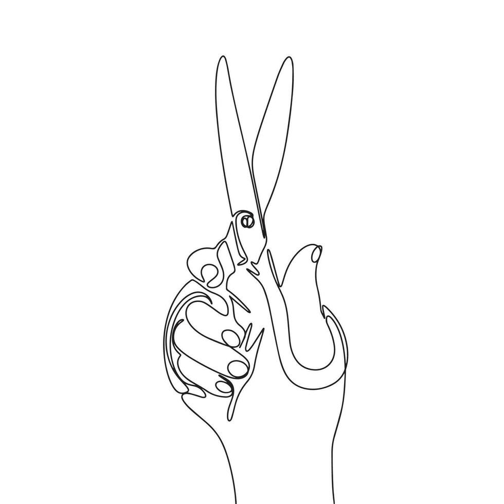 One line continuous scissors in hand. Atelier concept banner in line art hand drawing style. Outline vector illustration.