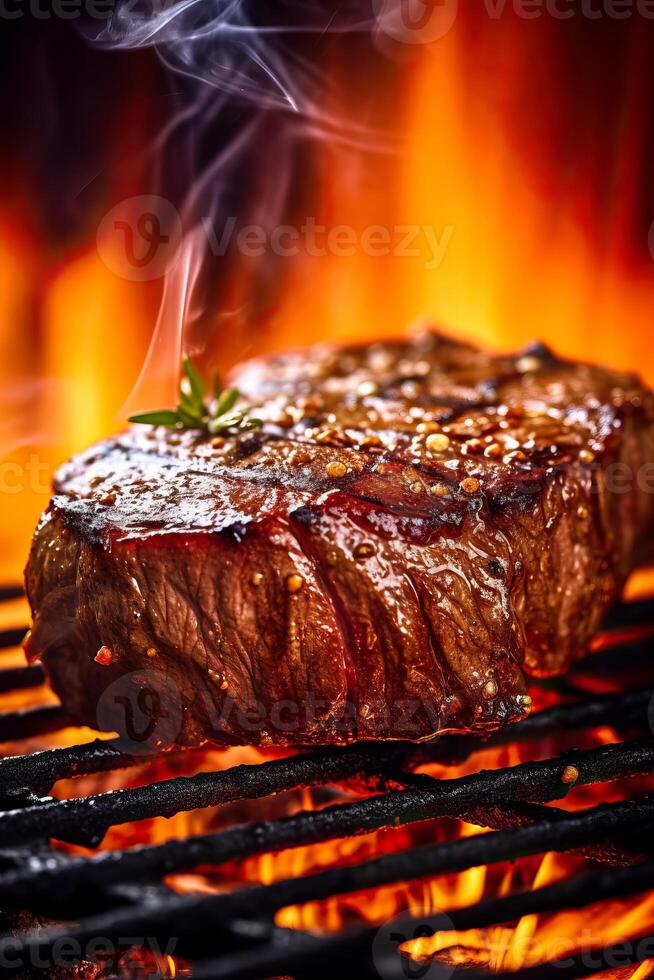 Grilled fresh juicy beef steak on grill, close up, isolated, copy space, photo