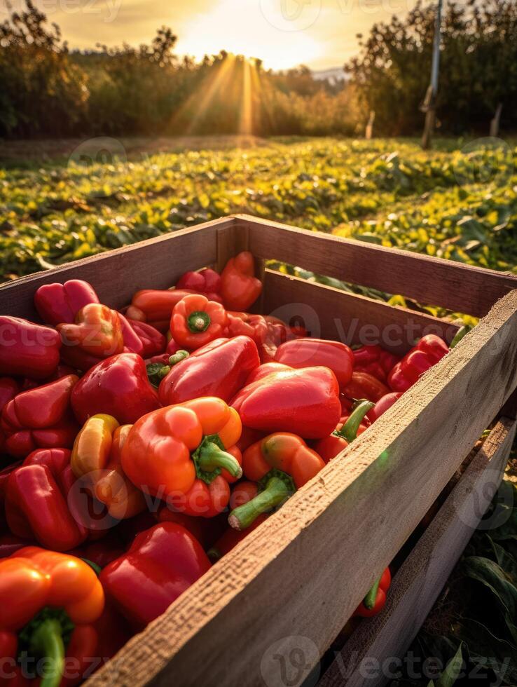 Ripe red paprika in a wooden box on a background of the garden. Space for text, vertical, mockup, photo