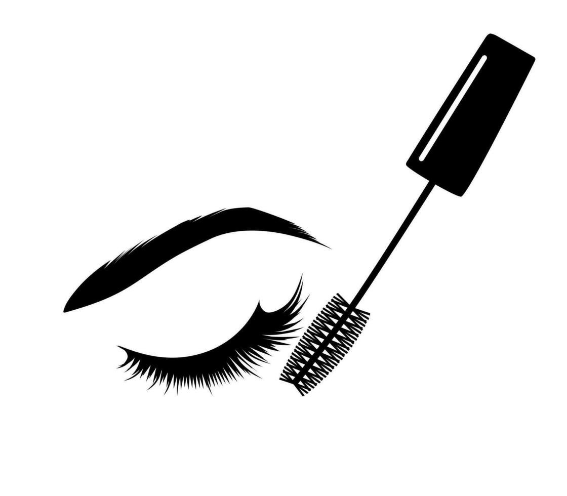 Realistic female closed eye with long eyelashes. Brush for applying mascara to eyelashes. vector