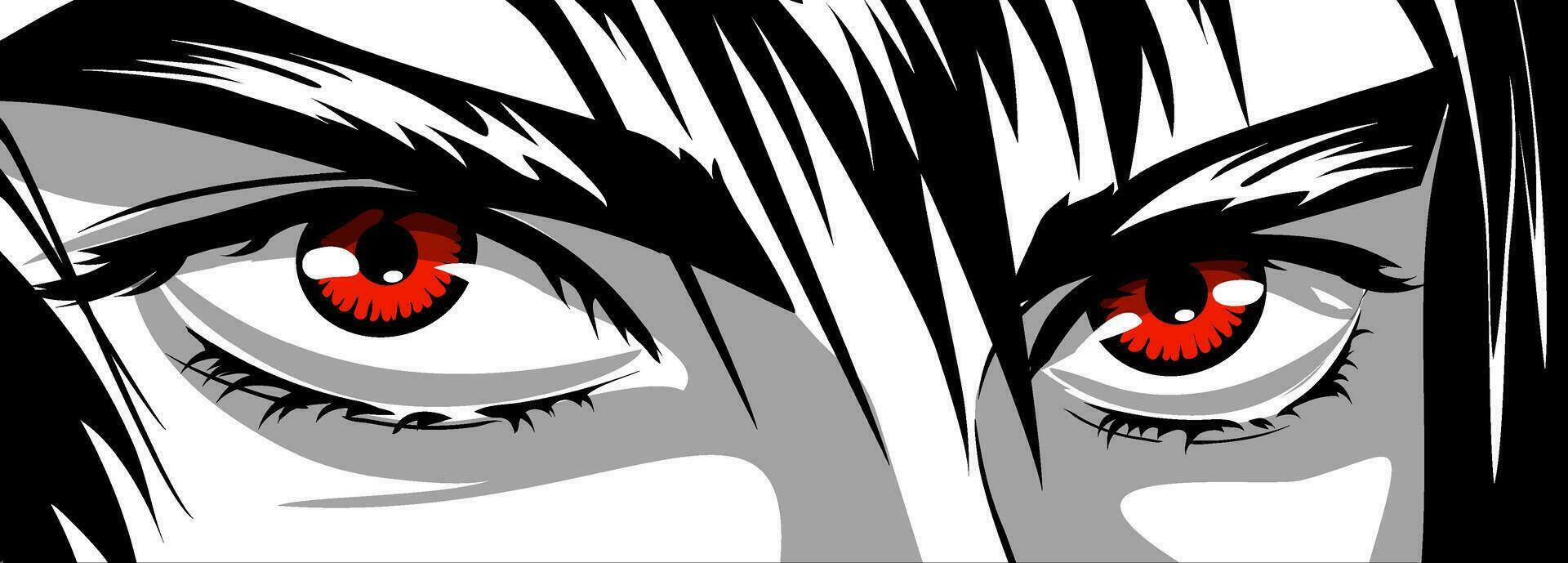 rojo ojos, enojado Mira de un hombre en manga y anime estilo. vector