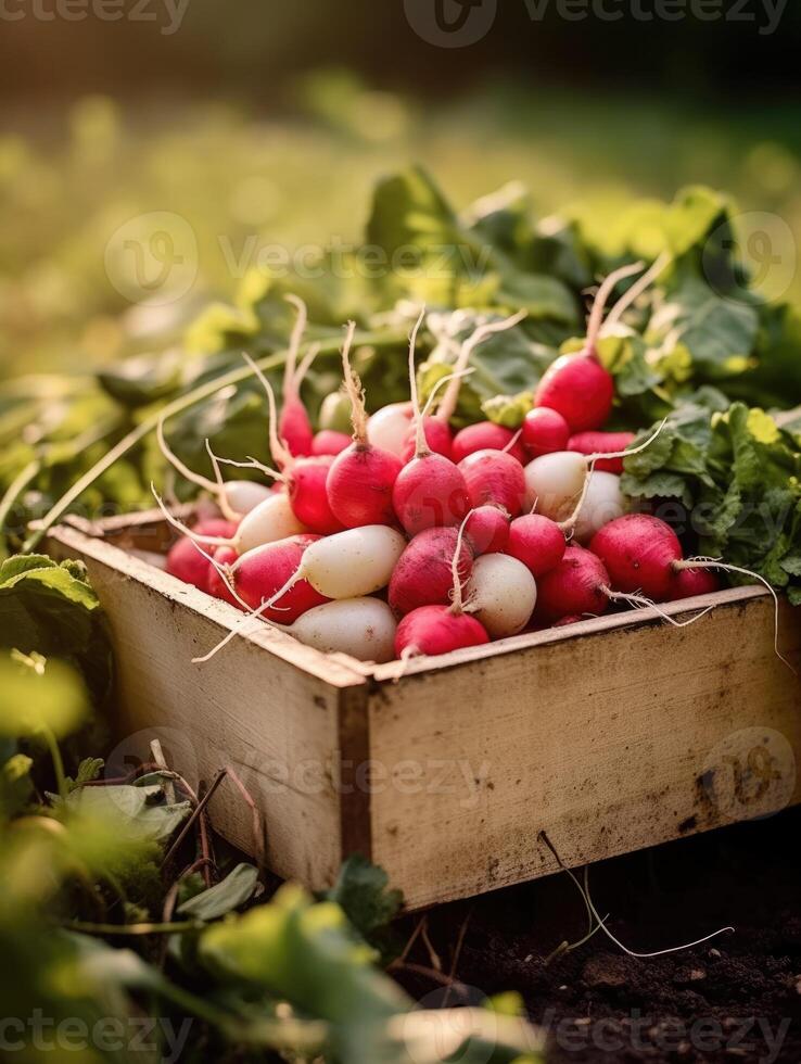 Ripe radish in a wooden box on a background of the garden. Space for text, vertical, mockup, photo