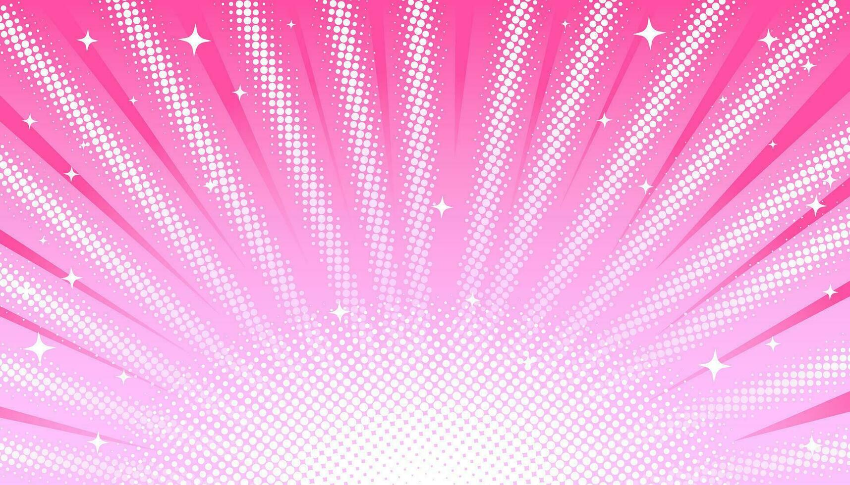 Pink pastel light rays background with halftone effect and stars in manga, comics style. vector