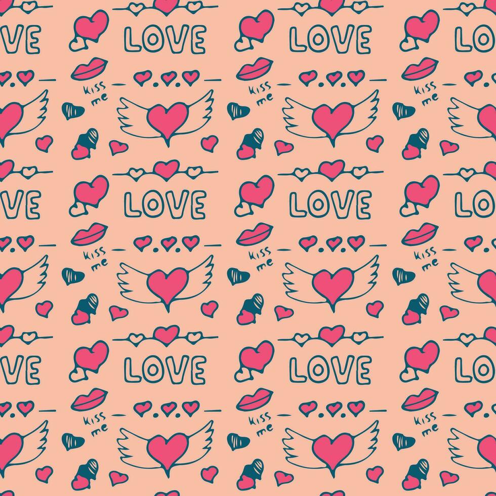 Seamless pattern with love words and cute love doodles on a light background. vector