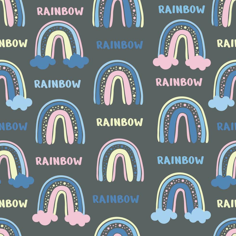 Seamless childish pattern with rainbows on a dark background. Creative  kids texture for fabric, wrapping, textile, wallpaper, apparel. Vector illustration